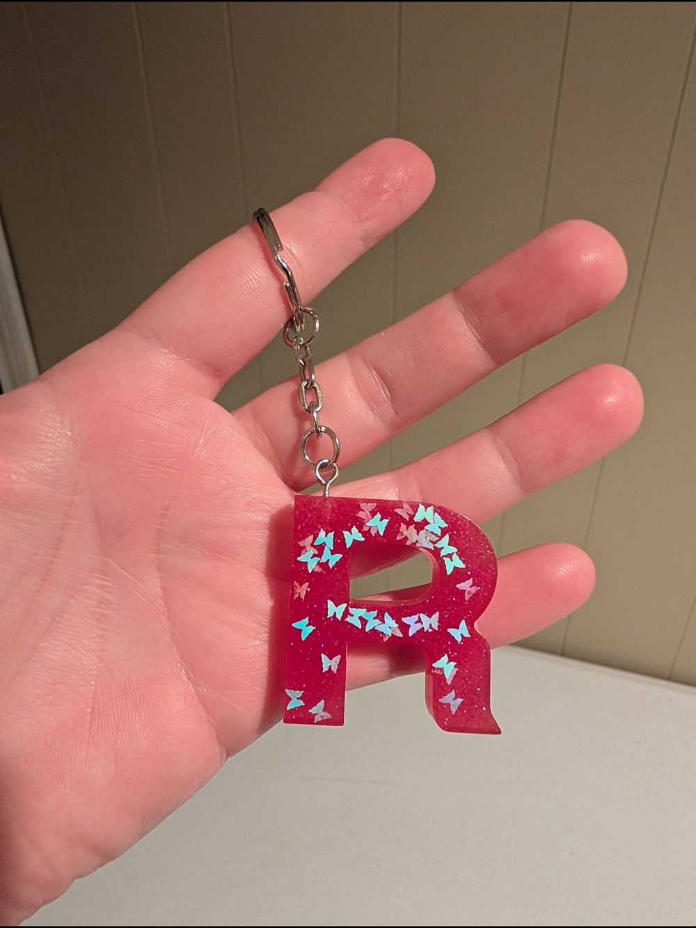 Red Resin 'R' Keychain with Blue Glitter Butterflies
